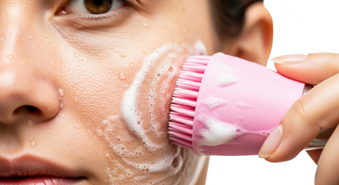 Woman cleansing face with pink sonic brush and foam, isolated on transparent background