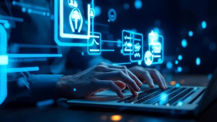 Digital business communication technology using a laptop computer screen with a hand on the display. - Powered by Adobe