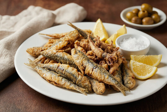 Fritura andaluza de pescado con boquerones y calamares, acompa&ntilde;ada de gajos de lim&oacute;n, sal marina y aceitunas verdes