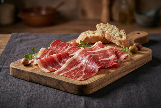 Jam&oacute;n ib&eacute;rico de bellota cortado en finas lonchas, servido con pan r&uacute;stico y aceitunas sobre tabla de madera