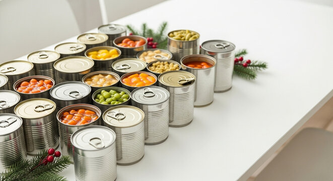 Canned fruits and vegetables arranged on table with holiday decorations  
