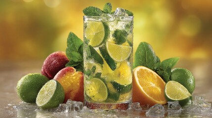 Refreshing Mojito Cocktail with Fresh Fruits and Mint Leaves.