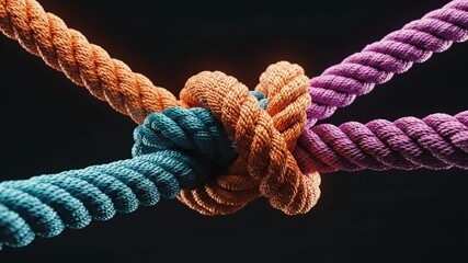 Vibrant ropes intricately intertwined, symbolizing strong teamwork and unified effort achieving shared success in a collaborative environment through unbreakable bonds of connection