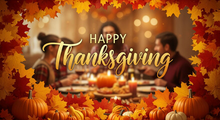 Festive scene with autumnal leaves and pumpkins framing a blurry family Thanksgiving dinner, conveying warmth, harvest, gratitude and celebration