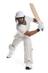 Cricketer in white uniform stepping forward to drive the ball, isolated background
