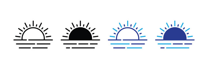 Sunrise and sunset icon set over water, abstract graphic representation of celestial event, digital art illustration, minimalistic style.