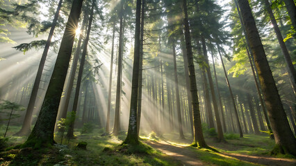 Sunlight streams through tall pine trees in a misty forest, illuminating a forest path.
