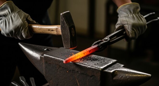 Blacksmith forging hot metal on anvil with hammer and tongs