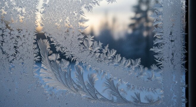 Intricate frost crystals forming delicate patterns on a winter window with soft sunrise colors in the background.
