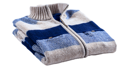 Folded knitted wool cardigan with zipper on  a isolated on transparent background