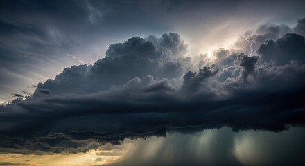 Massive storm clouds with lightning illuminating the sky as heavy rain falls, creating a powerful dramatic weather scene.