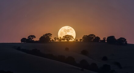 Fototapeta premium A glowing full moon rising behind a tree-lined hill at dusk, creating a dramatic and serene landscape.