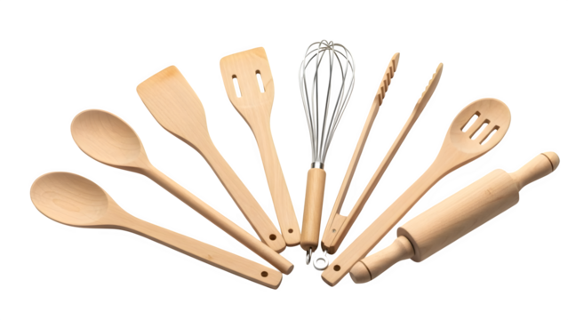 Wooden Cooking Utensils Collection, isolated on transparent background