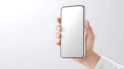 Close up of a human hand professionally holding a new sleek smartphone device vertically  The phone features a bright blank display and a distinctive top notch presented against a simple