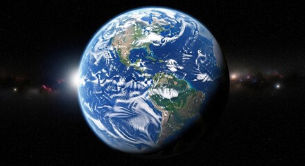 Planet Earth glowing in space with continents, oceans, clouds, and star-filled darkness surrounding it.
