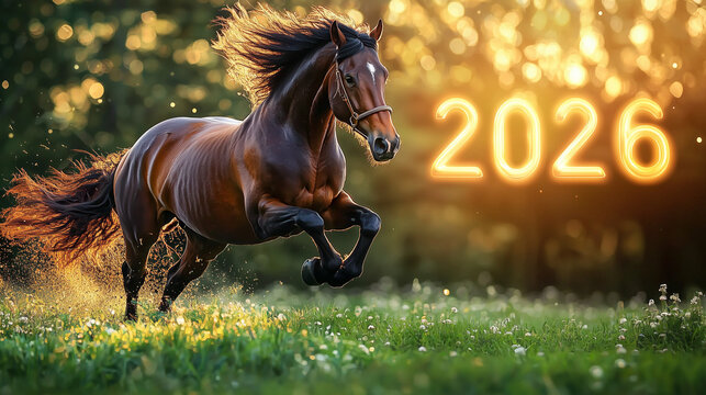 Majestic brown horse running across a green meadow with glowing golden "2026" numbers in the background.