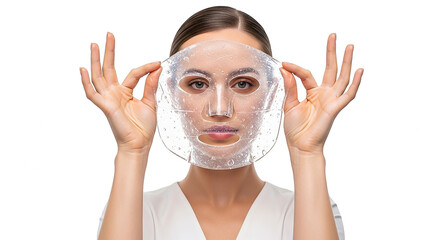 Woman applying transparent sheet face mask for skincare, isolated on transparent background