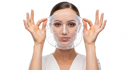 Woman applying transparent sheet face mask for skincare, isolated on transparent background