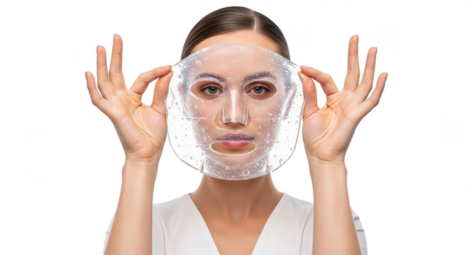 Woman applying transparent sheet face mask for skincare, isolated on transparent background - Powered by Adobe