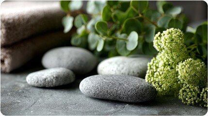 Spa stones with towels and green plants wellness and relaxation concept.