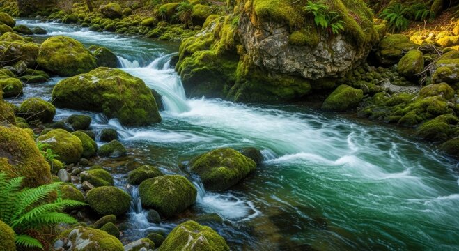 A serene forest river flowing over moss-covered rocks with clear water and lush greenery creating a calm natural landscape.