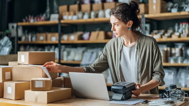 Young woman entrepreneur working on laptop and label printer, preparing packages for shipping in a small business warehouse.