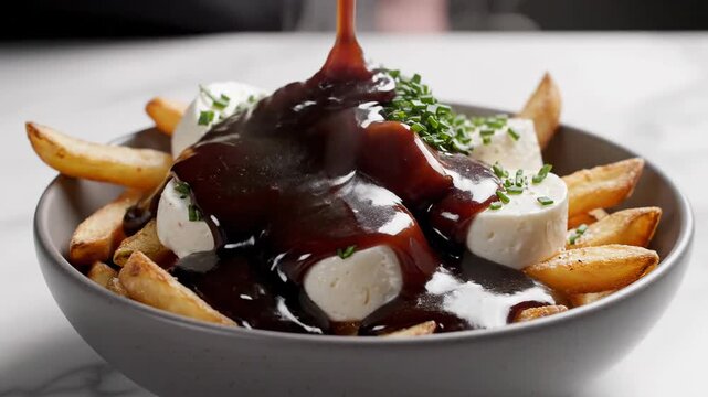 Appetizing poutine-style dish with golden potato wedges, soft cheese, and fresh chives, topped with rich brown gravy.