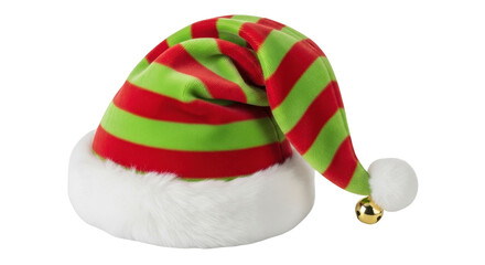 Fototapeta premium Isolated Christmas striped elf hat with jingle bell and white fur trim decoration closeup