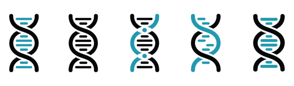 DNA icons set, featuring DNA structure molecule icons, chromosome symbols, and vector molecular illustrations