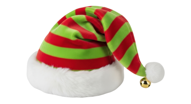 Isolated Christmas striped elf hat with jingle bell and white fur trim decoration closeup