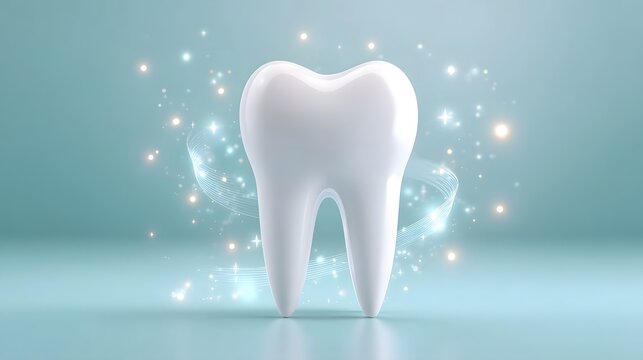 Symbolizing perfect oral hygiene and wellness this image features a gleaming white tooth surrounded by magical sparks and a luminous blue swirl against a clean gradient teal backdrop
