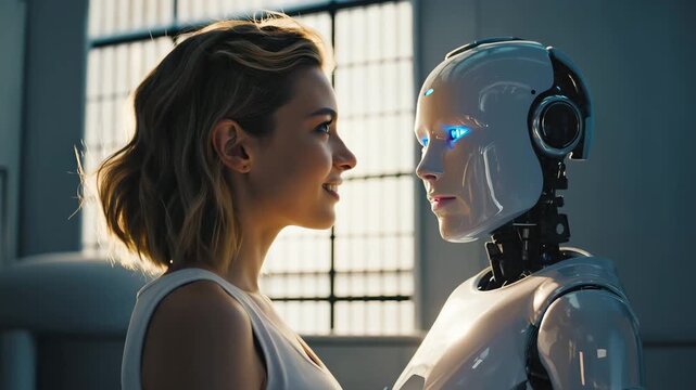 Woman facing humanoid robot with glowing blue eyes in modern industrial light