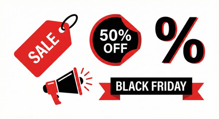 Red and black promotional design elements for retail sales, discounts, and special offers