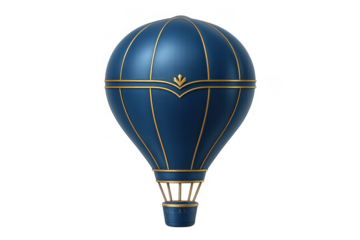 Hot air balloon rendered in deep blue with elegant gold accents, featuring a vintage design and isolated on a transparent background