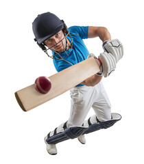 Cricketer in blue uniform connecting with the ball in zoom perspective