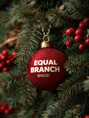 Red Christmas Ornament Demanding Equal Branch Space. Perfect for funny holiday content, greeting cards, Christmas and Happy New Year campaigns