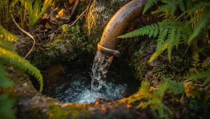 Water flowing from pipe into stone basin surrounded by ferns and moss outdoors
