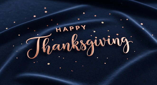 Dark blue velvet with gold text "Happy Thanksgiving" and gold specks. Festive design for celebration, conveys gratitude and holiday spirit - Powered by Adobe