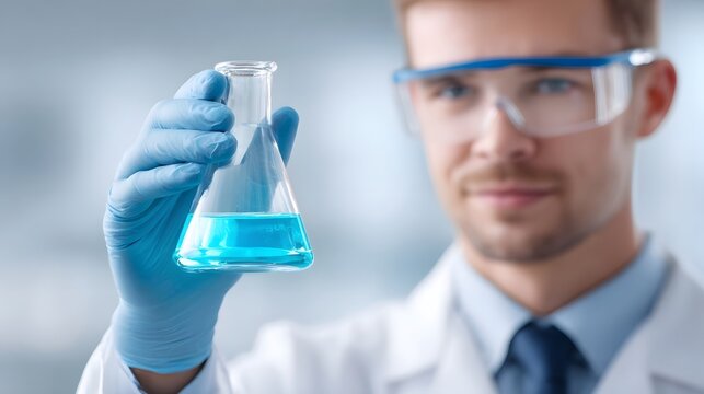 A focused scientist wearing a lab coat safety glasses and gloves examines an Erlenmeyer flask filled with vibrant blue liquid symbolizing research and scientific discovery