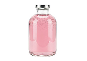 Isolated Bottle of Liquid with Bubbles – Pink, Glass Container with Silver Lid on Surface