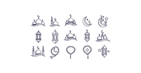 Decorative line art icon set featuring ramadan symbols mosque domes crescent moon lanterns prayer beads and stars