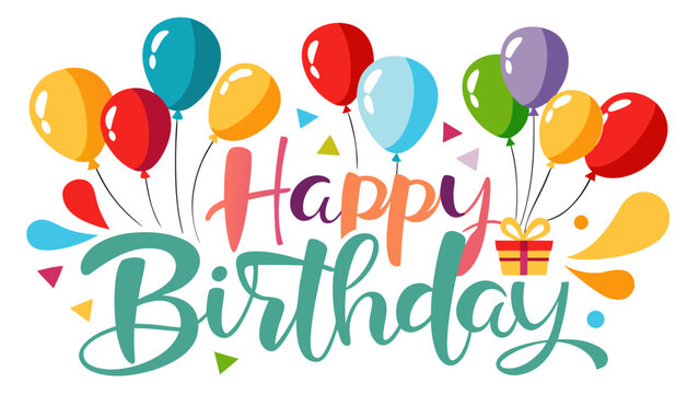 Happy birthday celebration with colorful balloons and confetti - Powered by Adobe