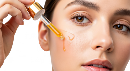 Woman applying golden facial serum with dropper to cheek, isolated on transparent background