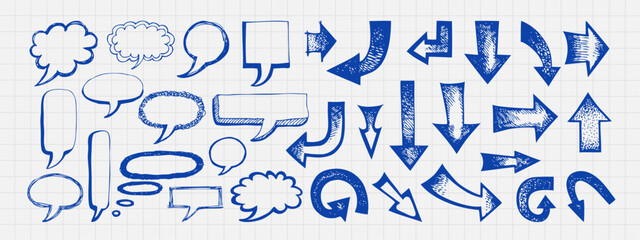 Blue pen crayon doodle arrows and bubbles, scribble set. Modern childish hand drawn naive emphasis elements. Vector isolated notebook illustration.