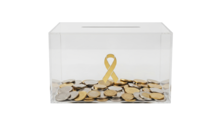 Isolated see-through acrylic donation box, gold ribbon and loose change, fundraising effort