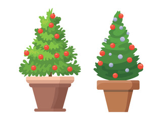 Christmas tree in a pot. Flat vector clipart illustration with isolated background.