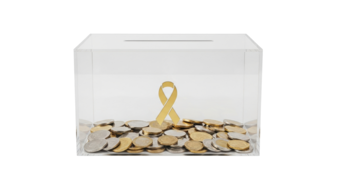Isolated see-through acrylic donation box, gold ribbon and loose change, fundraising effort