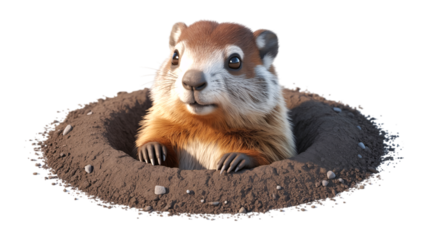 Cute groundhog emerging from burrow isolated on transparent background