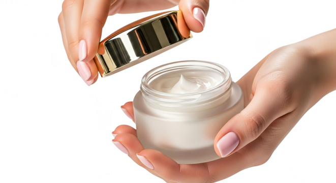 Womans hands opening a jar of face cream, isolated on transparent background
