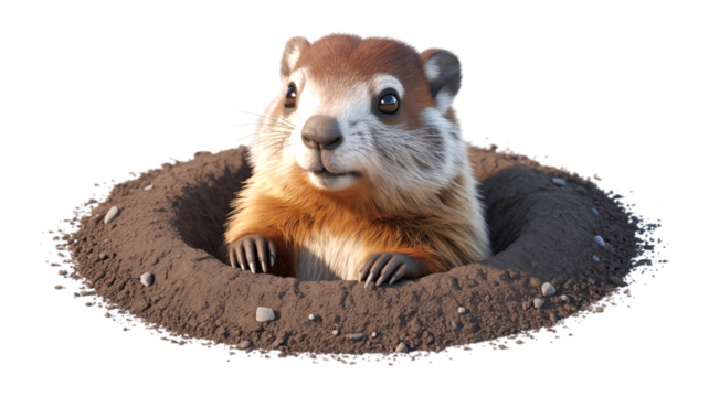 Cute groundhog emerging from burrow isolated on transparent background